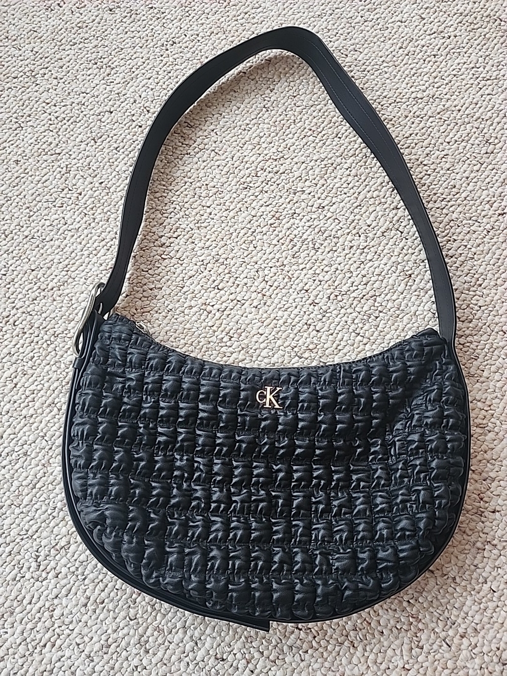 Calvin Klein Black Quilted Crescent Shoulder Bag Texture CK Logo